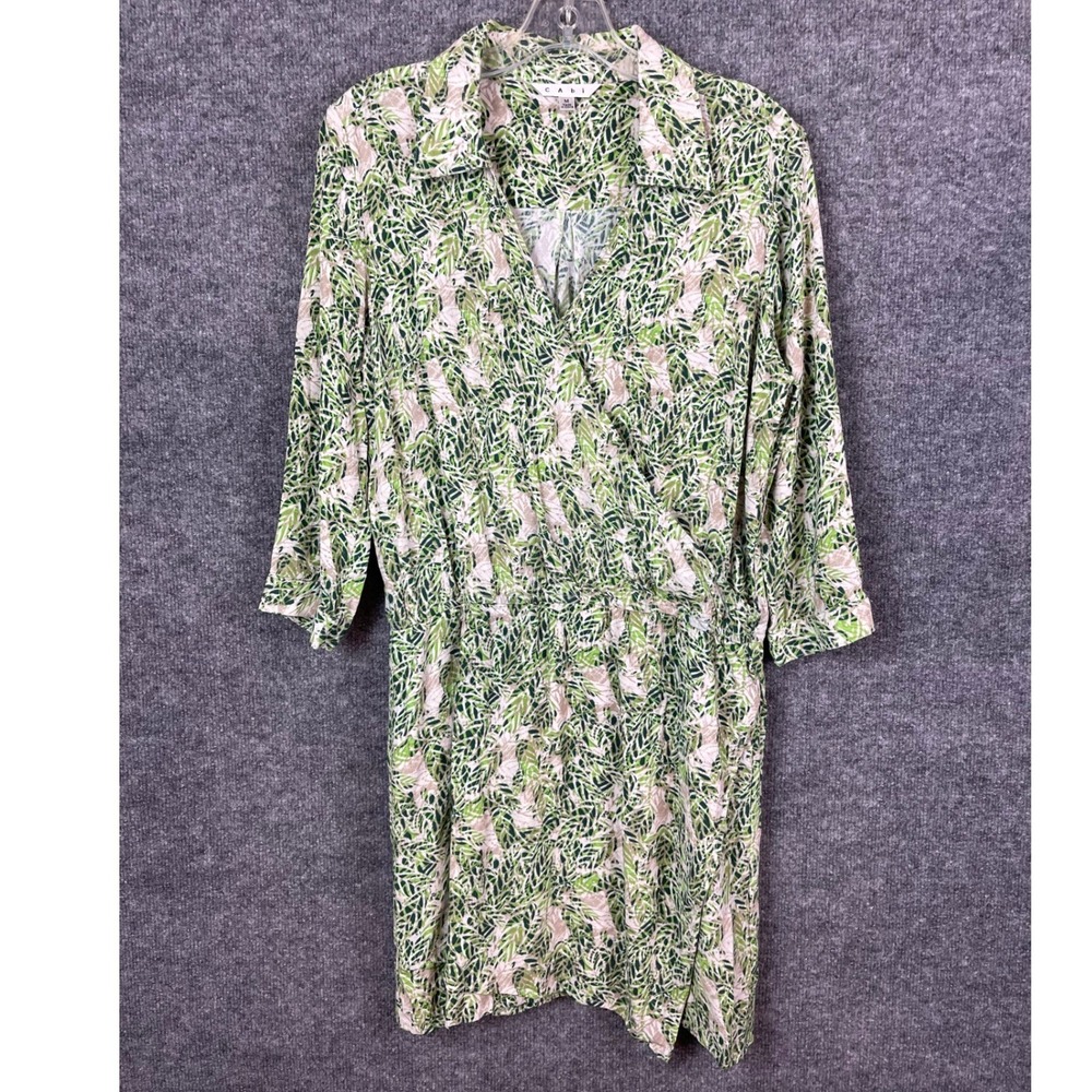 Cabi Shirt Dress Womens Size M Green Beige‎ Excellent Faux Wrap Leaf Print